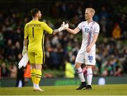 28 March 2017; Republic of Ireland goalkeeper Keiren Westwood shakes hands with Hordur Bjorgvin Magnusson of Iceland following the International Friendly match between the Republic of Ireland and Iceland at the Aviva Stadium in Dublin. Photo by Cody Glenn/Sportsfile