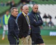 28 March 2017; Dr. Maurice Neligan, centre, Orthopaedic surgeon with team doctor Alan Byrne, left and  team physio Tony McCarthy, before the start of the International Friendly match between the Republic of Ireland and Iceland at the Aviva Stadium in Dublin. Photo by David Maher/Sportsfile