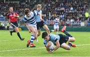 29 March 2017; Chris Cosgrave of St Michael's College dives over to score his side's first try during the Bank of Ireland Leinster Schools Junior Cup Final Replay between St. Michaels College and Blackrock College at Donnybrook Stadium in Dublin. Photo by Ramsey Cardy/Sportsfile
