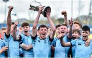 29 March 2017; St. Michaels College captain William Hickey lifts the trophy following their victory in the Bank of Ireland Leinster Schools Junior Cup Final Replay between St. Michaels College and Blackrock College at Donnybrook Stadium in Dublin. Photo by Ramsey Cardy/Sportsfile