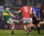 29 March 2017; Tom O'Sullivan of Kerry has his shot blocked by referee Alan Kissane during the EirGrid Munster GAA Football U21 Championship Final match between Cork and Kerry at Páirc Ui Rinn in Cork. Photo by Stephen McCarthy/Sportsfile