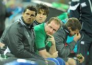 11 September 2011; Ireland players, from left, Rob Kearney, Conor Murray, Geordan Murphy and Jonathan Sexton look on late in the game. 2011 Rugby World Cup, Pool C, Ireland v USA, Stadium Taranaki, New Plymouth, New Zealand. Picture credit: Brendan Moran / SPORTSFILE