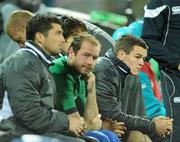11 September 2011; Ireland out-half Jonathan Sexton , with Rob Kearney, Conor Murray, Geordan Murphy to his right, looks on late in the game. 2011 Rugby World Cup, Pool C, Ireland v USA, Stadium Taranaki, New Plymouth, New Zealand. Picture credit: Brendan Moran / SPORTSFILE