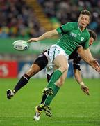 11 September 2011; Ireland's Brian O'Driscoll attempts to catch a high ball ahead of James Patterson, USA. 2011 Rugby World Cup, Pool C, Ireland v USA, Stadium Taranaki, New Plymouth, New Zealand. Picture credit: Brendan Moran / SPORTSFILE