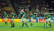 11 September 2011; Ireland players, from left, Tommy Bowe, Jerry Flannery, Paul O'Connell, Eoin Reddan Gordon D'Arcy and Denis Leamy leave the pitch at the final whistle. 2011 Rugby World Cup, Pool C, Ireland v USA, Stadium Taranaki, New Plymouth, New Zealand. Picture credit: Brendan Moran / SPORTSFILE