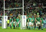 11 September 2011; The Ireland team look on as they wait for the USA to convert their late try. 2011 Rugby World Cup, Pool C, Ireland v USA, Stadium Taranaki, New Plymouth, New Zealand. Picture credit: Brendan Moran / SPORTSFILE
