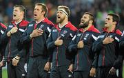 11 September 2011; Members of the USA team sing their National Anthem before the game. 2011 Rugby World Cup, Pool C, Ireland v USA, Stadium Taranaki, New Plymouth, New Zealand. Picture credit: Brendan Moran / SPORTSFILE