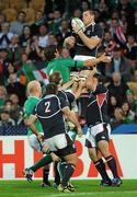 11 September 2011; Hayden Smith, USA, wins a restart. 2011 Rugby World Cup, Pool C, Ireland v USA, Stadium Taranaki, New Plymouth, New Zealand. Picture credit: Brendan Moran / SPORTSFILE