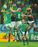 11 September 2011; Todd Clever, USA, contests a high ball with Tom Court and Paul O'Connell, Ireland. 2011 Rugby World Cup, Pool C, Ireland v USA, Stadium Taranaki, New Plymouth, New Zealand. Picture credit: Brendan Moran / SPORTSFILE