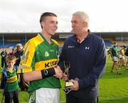 10 September 2011; Shane Nolan, Kerry, is presented with the 'Man of the Match' award by Bord Gais Energy Sports Sponsorship manager Ger Cunningham after the game. Bord Gais Energy GAA Hurling Under 21 All-Ireland 'B' Championship Final, Kerry v Westmeath, Semple Stadium, Thurles, Co. Tipperary. Picture credit: Ray McManus / SPORTSFILE