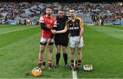 17 March 2017; Team captains Oisín Gough, left, of Cuala and Stan Lineen of Ballyea shake hands in the company of referee Fergal Horgan ahead of the AIB GAA Hurling All-Ireland Senior Club Championship Final match between Ballyea and Cuala at Croke Park in Dublin. Photo by Brendan Moran/Sportsfile