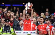 17 March 2017; David Treacy of Cuala lifts the Tommy Moore Cup after the AIB GAA Hurling All-Ireland Senior Club Championship Final match between Ballyea and Cuala at Croke Park in Dublin. Photo by Brendan Moran/Sportsfile