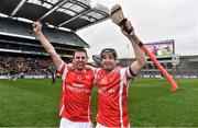 17 March 2017; Cuala players Cian Waldron, left, and Nicky Kenny celebrate after the AIB GAA Hurling All-Ireland Senior Club Championship Final match between Ballyea and Cuala at Croke Park in Dublin. Photo by Brendan Moran/Sportsfile