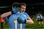 29 March 2017; Aaron Elliot, behind, celebrates with team-mate Tom Fox of Dublin after the EirGrid Leinster GAA Football U21 Championship Final match between Dublin and Offaly at O'Moore Park in Portlaoise, Co Laois. Photo by Piaras Ó Mídheach/Sportsfile