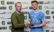 29 March 2017; Aaron Byrne of Dublin receives the Man of the match Award from John Fitzgerald, Director, Grid Development & Interconnection at EirGrid after the EirGrid Leinster GAA Football U21 Championship Final match between Dublin and Offaly at O'Moore Park in Portlaoise, Co Laois. Photo by Piaras Ó Mídheach/Sportsfile