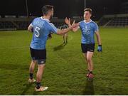29 March 2017; Declan Monaghan, left, of Dublin celebrates with his team-mate Con O'Callaghan after the EirGrid Leinster GAA Football U21 Championship Final match between Dublin and Offaly at O'Moore Park in Portlaoise, Co Laois. Photo by David Maher/Sportsfile