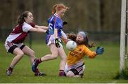 31 March 2017; Kate Slevin of Colaiste Bhaile Chláir shoots to score her sides first goal, despite the efforts of Emma Doherty, left, and Bronagh Gallagher, both of St. Columbas during the Lidl All Ireland PPS Junior C Championship final match between Colaiste Bhaile Chláir and St. Columbas at Connolly Park in Sligo. Photo by Sam Barnes/Sportsfile
