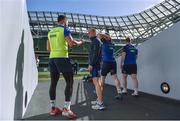 31 March 2017; Leinster senior coach Stuart Lancaster, right, in conversation with Adam Byrne during the captain's run at the Aviva Stadium in Dublin. Photo by Ramsey Cardy/Sportsfile