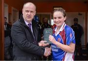 31 March 2017; Andrea Trill of Colaiste Bhaile Chláir is presented with the player of match award by Connacht LGFA President Liam McDonagh following the Lidl All Ireland PPS Junior C Championship final match between Colaiste Bhaile Chláir and St. Columbas at Connolly Park in Sligo. Photo by Sam Barnes/Sportsfile
