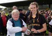 31 March 2017; Caitlín Kennedy of John the Baptist Community School is presented with the player of the match award by Geraldine Carey, LGFA, after the Lidl All Ireland PPS Junior A Championship final match between Loreto College and John the Baptist Community School at St Brendan's Park in Birr, Co Offaly. Photo by Piaras Ó Mídheach/Sportsfile