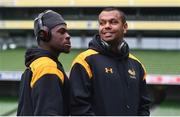 31 March 2017; Christian Wade, left, and Kurtley Beale of Wasps during the captain's run at the Aviva Stadium in Dublin. Photo by Ramsey Cardy/Sportsfile