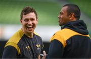 31 March 2017; Brendan Macken, left, and Kurtley Beale of Wasps during the captain's run at the Aviva Stadium in Dublin. Photo by Ramsey Cardy/Sportsfile