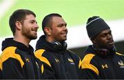31 March 2017; Wasps players, from left, Willie le Roux, Kurtley Beale and Christian Wade during the captain's run at the Aviva Stadium in Dublin. Photo by Ramsey Cardy/Sportsfile
