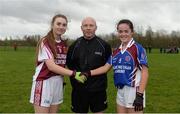 31 March 2017; Captains Niamh Gallagher of St . Columbas, left, and Ciara McCarthy of Colaiste Bhaile Chláir with referee Gus Chapman ahead of the Lidl All Ireland PPS Junior C Championship final match between Colaiste Bhaile Chláir and St. Columbas at Connolly Park in Sligo. Photo by Sam Barnes/Sportsfile