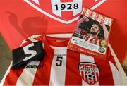 31 March 2017; A general view of a black armband and match jersey, with the number 5 in honour of their former captain Ryan McBride, that Derry City will play in tonight ahead of the side's SSE Airtricity League Premier Division match between Derry City and Bray Wanderers at Maginn Park in Buncrana, Co. Donegal. Photo by Oliver McVeigh/Sportsfile