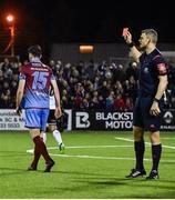 31 March 2017; Referee Ben Connolly shows the red card to Ciaran McGuigan of Drogheda United during the SSE Airtricity League Premier Division match between Dundalk and Drogheda United at Oriel Park in Dundalk, Co. Louth. Photo by David Maher/Sportsfile