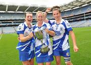 11 September 2011; Waterford players, from left, Deirdre Fahey, Kate-Marie Hearne, and Niamh Rockett, celebrate with the cup. All-Ireland Premier Junior Camogie Championship Final in association with RTE Sport, Down v Waterford, Croke Park, Dublin. Picture credit: Brian Lawless / SPORTSFILE