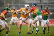 1 April 2017; Conor McKinley of Antrim in action against Sean Whelan of Carlow during the Allianz Hurling League Division 2A Final match between Antrim and Carlow at Páirc Esler, in Newry.  Photo by Oliver McVeigh/Sportsfile