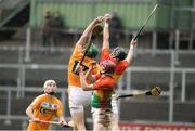 1 April 2017; Niall McKenna of Antrim in action against Richard Cody of Carlow during the Allianz Hurling League Division 2A Final match between Antrim and Carlow at Páirc Esler, in Newry.  Photo by Oliver McVeigh/Sportsfile