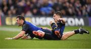 1 April 2017; Robbie Henshaw of Leinster after scoring his side's third try with team-mate Luke McGrath, right, during the European Rugby Champions Cup Quarter-Final match between Leinster and Wasps at the Aviva Stadium in Dublin. Photo by Stephen McCarthy/Sportsfile