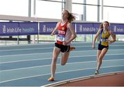 1 April 2017; Ailbhe Doherty of Ennis Track AC, Co Clare, on her way to winning her U15 Girls 800m heat, ahead of Neasa Reilly of Blackrock AC, Co Louth, who finished second, during the Irish Life Health Juvenile Indoor Championships 2017 day 3 at the AIT International Arena in Athlone, Co. Westmeath. Photo by Sam Barnes/Sportsfile