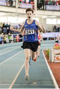 1 April 2017; Cian McPhillips of Longford AC, Co. Longford, celebrates winning the U16 Boy's 800m, during the Irish Life Health Juvenile Indoor Championships 2017 day 3 at the AIT International Arena in Athlone, Co. Westmeath. Photo by Sam Barnes/Sportsfile