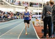 1 April 2017; Cian McPhillips of Longford AC, Co. Longford, celebrates winning the U16 Boy's 800m, during the Irish Life Health Juvenile Indoor Championships 2017 day 3 at the AIT International Arena in Athlone, Co. Westmeath. Photo by Sam Barnes/Sportsfile