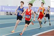 1 April 2017; Cian McPhillips of Longford AC, Co. Longford, left, on their way to winning the U16 Boy's 800m, Matthew Willis, City of Lisburn AC, Co. Antrim, who finished third, during the Irish Life Health Juvenile Indoor Championships 2017 day 3 at the AIT International Arena in Athlone, Co. Westmeath. Photo by Sam Barnes/Sportsfile