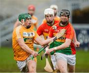 1 April 2017; Conor Johnston of Antrim in action against Richard Cody of Carlow during the Allianz Hurling League Division 2A Final match between Antrim and Carlow at Páirc Esler in Newry. Photo by Oliver McVeigh/Sportsfile
