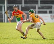 1 April 2017; Richard Kelly of Carlow in action against Niall McKenna of Antrim during the Allianz Hurling League Division 2A Final match between Antrim and Carlow at Páirc Esler in Newry. Photo by Oliver McVeigh/Sportsfile