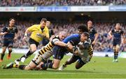 1 April 2017; Fergus McFadden of Leinster goes over to score his side's fourth try despite the tackle of Matt Symons, left, and Ashley Johnson of Wasps during the European Rugby Champions Cup Quarter-Final match between Leinster and Wasps at the Aviva Stadium in Dublin. Photo by Stephen McCarthy/Sportsfile
