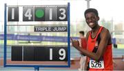 1 April 2017; Sean Thompson of Lucan Harriers AC, Co Dublin, after winning the U19 Boy's Triple Jump with a jump of 14.13m during the Irish Life Health Juvenile Indoor Championships 2017 day 3 at the AIT International Arena in Athlone, Co. Westmeath. Photo by Sam Barnes/Sportsfile