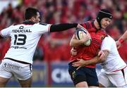 1 April 2017; Tyler Bleyendaal of Munster is tackled by Florian Fritz, left, and Jean-Marc Doussain of Toulouse during the European Rugby Champions Cup Quarter-Final match between Munster and Toulouse at Thomond Park, in Limerick. Photo by Eóin Noonan/Sportsfile