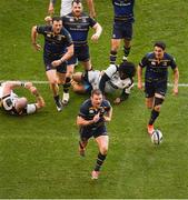 1 April 2017; Fergus McFadden of Leinster celebrates scoring his side's fourth try despite the tackle of Matt Symons and Ashley Johnson of Wasps during the European Rugby Champions Cup Quarter-Final match between Leinster and Wasps at the Aviva Stadium in Dublin. Photo by Ray McManus/Sportsfile