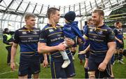 1 April 2017; Jonathan Sexton of Leinster holds his son Luca Sexton, age 2, alongside team-mates Luke McGrath, left, and Sean O’Brien of Leinster following the European Rugby Champions Cup Quarter-Final match between Leinster and Wasps at Aviva Stadium, in Lansdowne Road, Dublin. Photo by Cody Glenn/Sportsfile