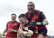 1 April 2017; Andrew Conway of Munster celebrates with teammate Simon Zebo after scoring his side's fourth try during the European Rugby Champions Cup Quarter-Final match between Munster and Toulouse at Thomond Park, in Limerick. Photo by Eóin Noonan/Sportsfile
