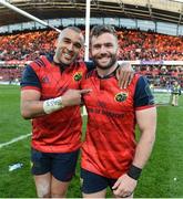 1 April 2017; Simon Zebo, left, and Jaco Taute of Munster celebrate after the European Rugby Champions Cup Quarter-Final match between Munster and Toulouse at Thomond Park in Limerick. Photo by Diarmuid Greene/Sportsfile