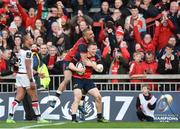 1 April 2017; Andrew Conway of Munster celebrates with team-mate Simon Zebo after scoring his side's fourth try during the European Rugby Champions Cup Quarter-Final match between Munster and Toulouse at Thomond Park in Limerick. Photo by Diarmuid Greene/Sportsfile
