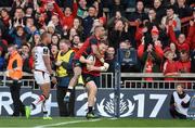 1 April 2017; Andrew Conway of Munster celebrates with team-mate Simon Zebo after scoring his side's fourth try during the European Rugby Champions Cup Quarter-Final match between Munster and Toulouse at Thomond Park in Limerick. Photo by Diarmuid Greene/Sportsfile