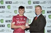 1 April 2017; Cillian McDaid of Galway receives the Man of the Match award from Manager access planning at EirGrid Louis Fisher after the EirGrid Connacht GAA Football U21 Championship Final match between Galway and Sligo at Markievicz Park, in Sligo. Photo by Piaras Ó Mídheach/Sportsfile